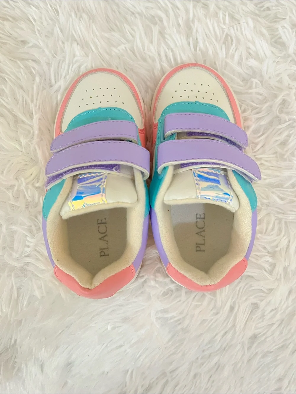 Children's Place white sneakers, pink and purple details, holographic star